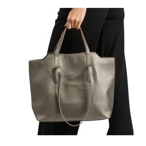 M.I.L.A. Pebble Grain Leather Tote Bag Metallic Pewter Grey Dual Handle NWT